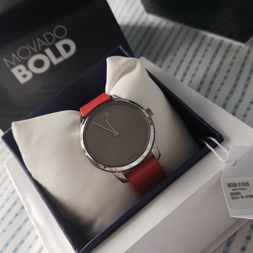 Movado Quartz Watch - Bold Grey Dial Red Leather - Picture 4 of 6